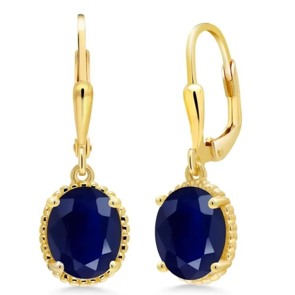 18K Yellow Gold 925 with 5.00 Cttw Navy Blue Sapphire Oval Leverback Earrings